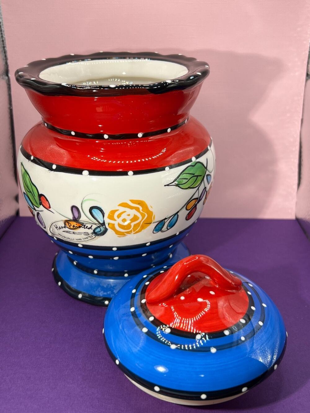 Ceramic Canister Storage Jar and Lid Casa Vero Hand Painted Hand Crafted Vintage